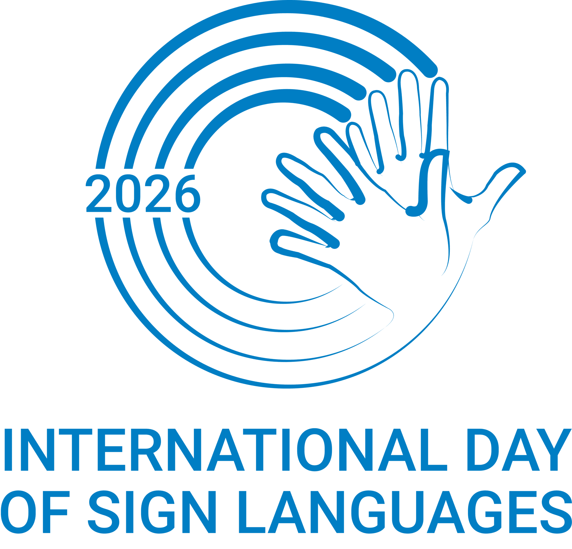 Blue outlined logo featuring two overlapping hands and concentric circles with "2026." Text below reads "International Day of Sign Languages.
