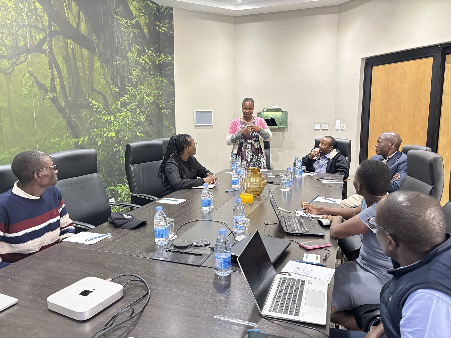 A group of people sit around a boardroom table while a woman stands at the head of the table speaking.