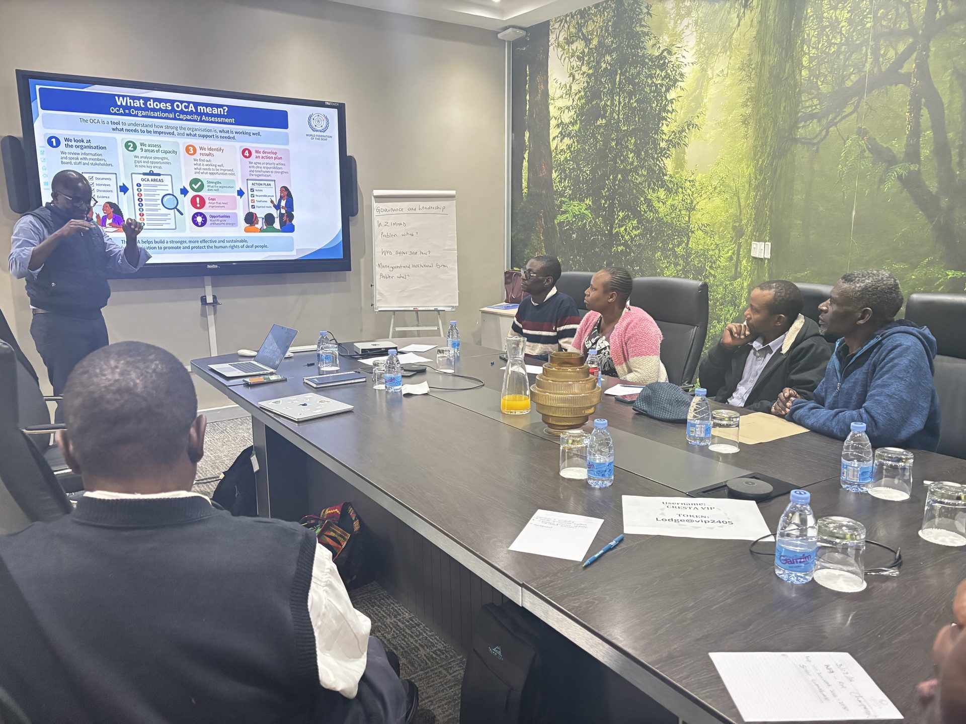 A presenter stands before a digital display explaining organisational capacity assessment to four seated attendees in a conference room.