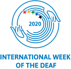 Logo for the International Week of the Deaf 2020, featuring two hands in a circular pattern, five colorful stars, and blue text at the bottom.