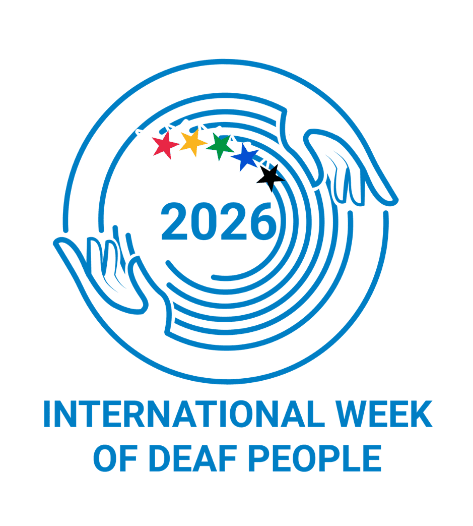 Blue outlined logo with two hands surrounding concentric circles, five coloured stars, the year 2026, and the text "INTERNATIONAL WEEK OF DEAF PEOPLE" below.