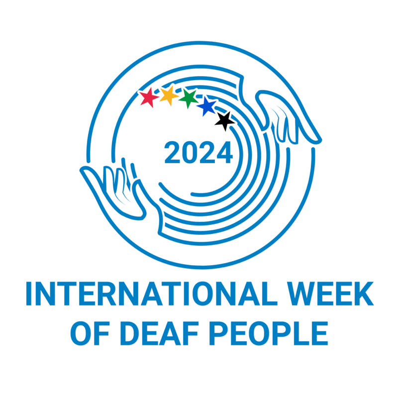 Blue logo with two hands forming a circle around "2024" and five stars in different colors. Text below reads, "International Week of Deaf People.