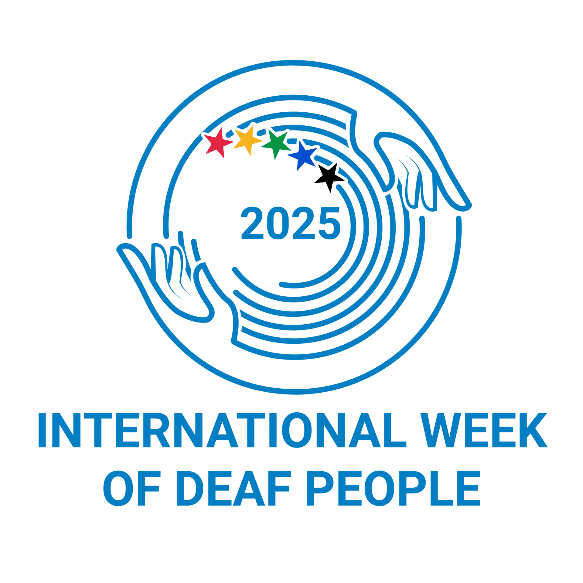 Blue outlined logo with two hands surrounding concentric circles, five colored stars, "2025" in the center, and text "INTERNATIONAL WEEK OF DEAF PEOPLE" below.