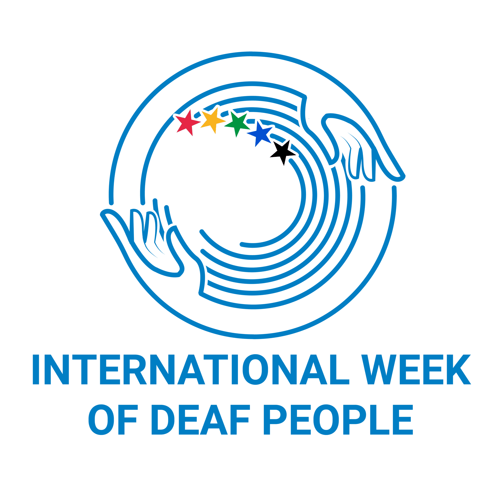 Logo for International Week of Deaf People featuring a circular design of two hands cupping a spiral, accented by five coloured stars.