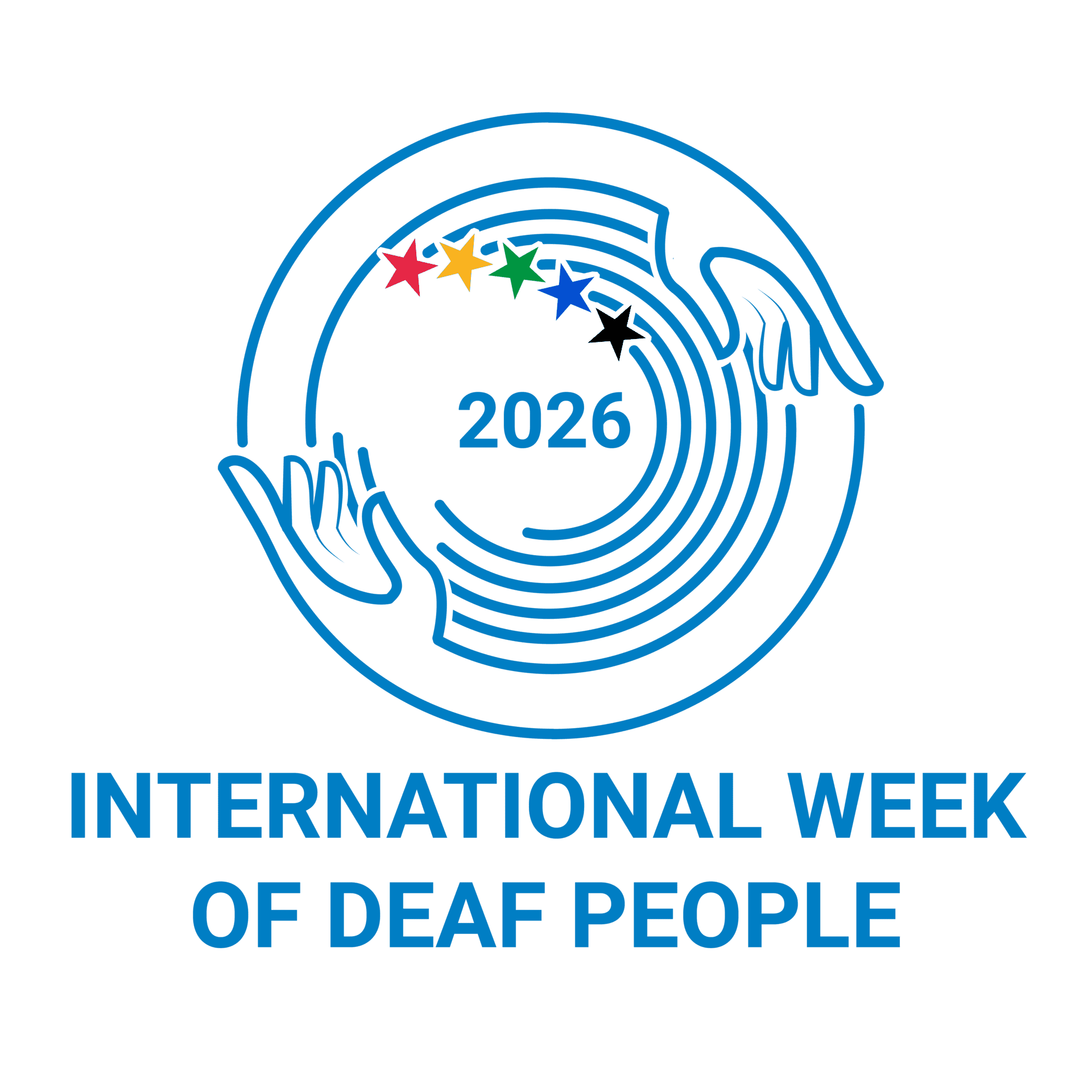 Logo for International Week of Deaf People 2026, featuring two outlined hands, five coloured stars, circular lines, and bold blue text on a white background.