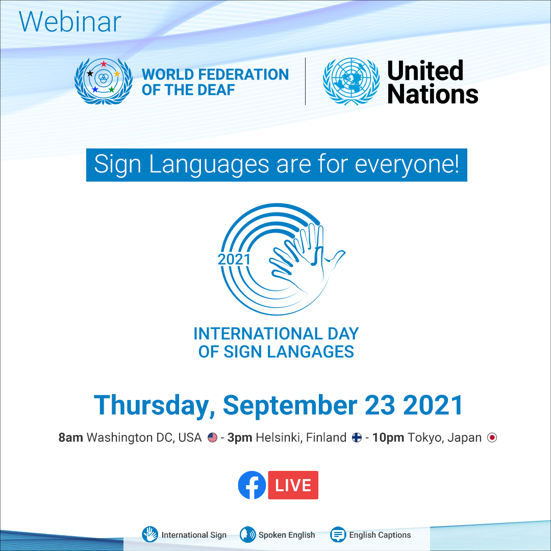 A promotional graphic for a webinar on the International Day of Sign Languages, held on Thursday, September 23, 2021, with global times and a Facebook Live icon.