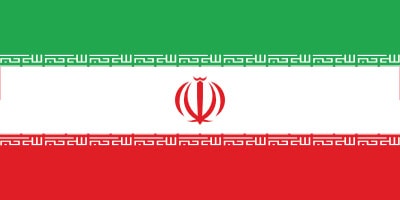 Flag of Iran with three horizontal bands in green, white, and red. A red emblem in the center and a green and red Kufic script border on the white band.