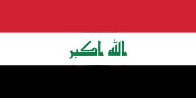 The flag of Iraq with horizontal red, white, and black stripes and green Arabic script in the center.
