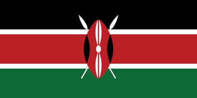 Flag of Kenya with black, white, red, and green horizontal stripes; a Maasai shield and spears at the center.