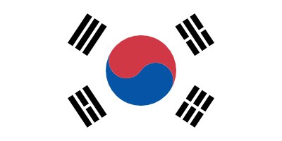 Flag of South Korea featuring a red and blue yin-yang symbol in the center, surrounded by four black trigrams on a white background.