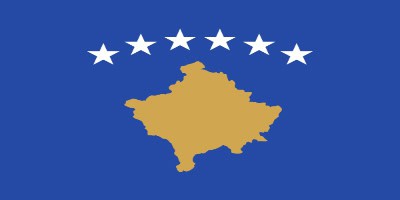 Flag of Kosovo featuring a blue background, a gold map outline of the country in the center, and six white stars arched above the map.