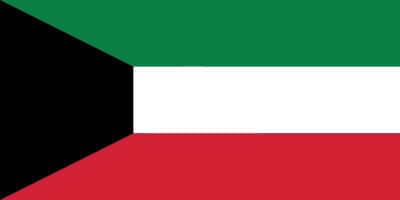 Flag of Kuwait with horizontal stripes of green, white, and red from top to bottom, and a black trapezoid on the hoist side.