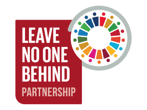 Red box with the words “Leave No One Behind Partnership” next to a multicolored circular icon representing the Sustainable Development Goals.