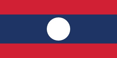 Flag of Laos, featuring three horizontal stripes. The top and bottom are red, and the middle is blue with a white circle in the center.