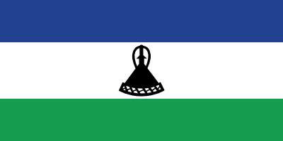 Flag of Lesotho with horizontal blue, white, and green stripes and a black Basotho hat emblem in the center.
