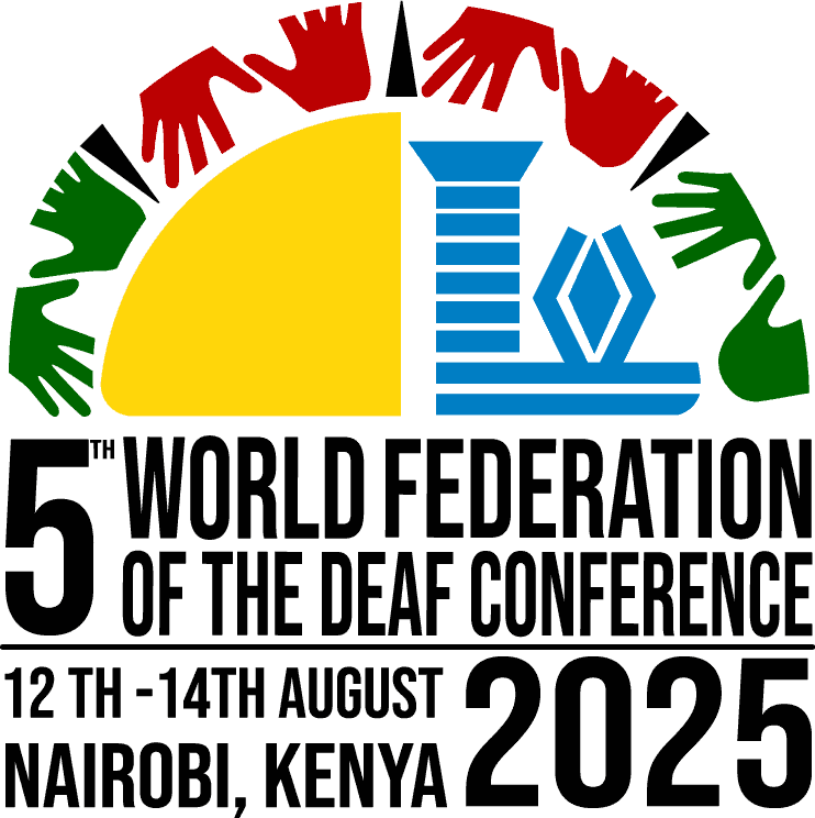 Logo for the 5th World Federation of the Deaf Conference, happening 12th-14th August 2025 in Nairobi, Kenya. Features hands, a sun, and a blue symbol.
