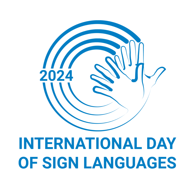 Blue logo for International Day of Sign Languages 2024, featuring overlapping hands and circular lines.