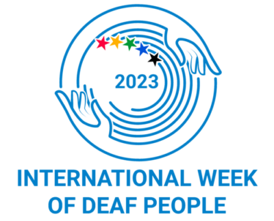 Logo for the International Week of Deaf People 2023, featuring hands and colorful stars encircling the year.