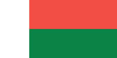 Flag of Madagascar with vertical white stripe on the left and horizontal stripes of red (top) and green (bottom) on the right.