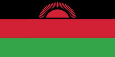 Flag of Malawi featuring three horizontal stripes: black with a red rising sun at the top, red in the middle, and green at the bottom.