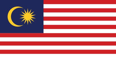 Flag of Malaysia featuring 14 red and white stripes with a blue canton, yellow crescent, and 14-point star.