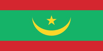 The flag of Mauritania with a green field, a yellow crescent and star in the center, and red bands on the top and bottom.