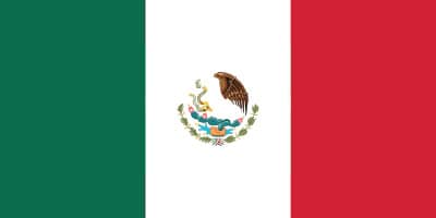 The flag of Mexico with vertical stripes of green, white, and red. The center features an eagle on a cactus holding a snake.
