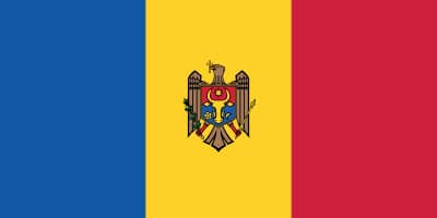 Flag of Moldova with vertical blue, yellow, and red stripes. The yellow stripe features the national coat of arms, displaying an eagle holding a shield with an aurochs head.