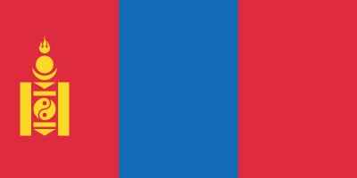The flag of Mongolia with three vertical stripes: red, blue, and red. The yellow Soyombo symbol is on the left red stripe.
