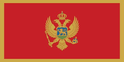 Flag of Montenegro featuring a golden double-headed eagle with a crown, holding a scepter and orb on a red background with a yellow border.
