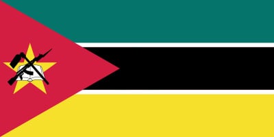 Flag of Mozambique featuring a horizontal tricolor of green, black, and yellow with white borders, and a red triangle with a yellow star, book, hoe, and AK-47 rifle.