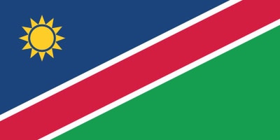 Flag of Namibia: blue triangle with a yellow sun, red diagonal stripe with white edges, and a green triangle.