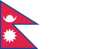 The flag of Nepal features two stacked triangles with a red field, blue border, and white symbols: a crescent moon in the upper triangle and a twelve-pointed sun in the lower triangle.