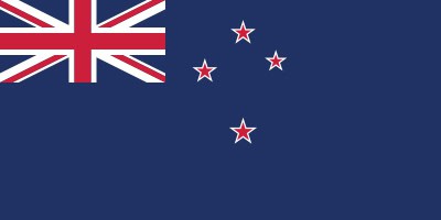 Flag of New Zealand with a blue background, Union Jack in the top left, and four red stars with white borders on the right.