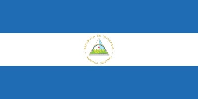 Flag of Nicaragua with a horizontal blue-white-blue pattern and the national coat of arms centered on the white stripe.
