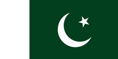The flag of Pakistan features a white star and crescent on a dark green field, with a vertical white stripe on the left.