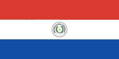 The flag of Paraguay with horizontal red, white, and blue stripes and the national emblem in the center of the white stripe.