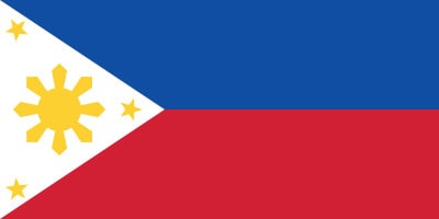 The flag of the Philippines with a white triangle, golden sun, and three stars, with blue and red horizontal stripes.
