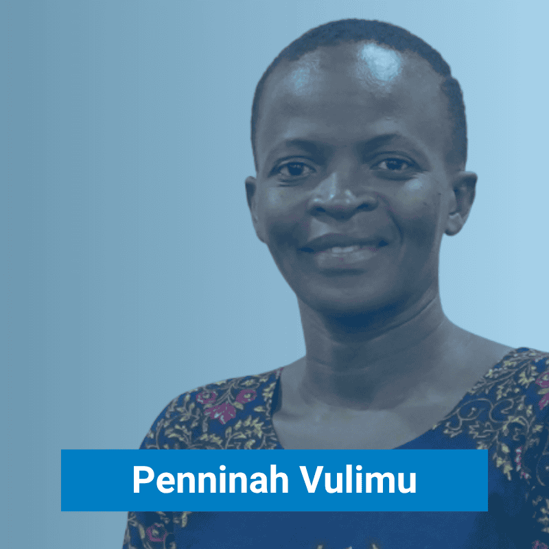 A person with short hair wearing a patterned top, standing against a blue background. A blue label at the bottom displays the name "Penninah Vulimu.