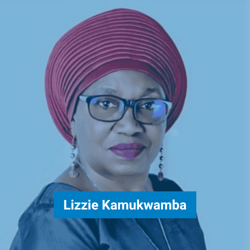 A woman wearing glasses and a red headwrap looks at the camera with a neutral expression. Text on the image reads, "Lizzie Kamukwamba.