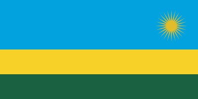 The flag of Rwanda with horizontal blue, yellow, and green stripes and a yellow sun with rays in the upper right corner.
