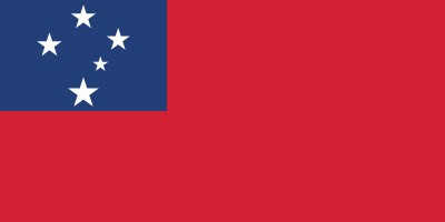 Flag of Samoa with a red field and a blue rectangle in the upper hoist-side corner containing five white stars.
