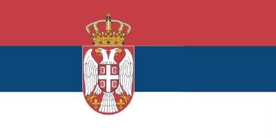The flag of Serbia features horizontal stripes of red, blue, and white with a crowned double-headed eagle over a red shield on the left side.