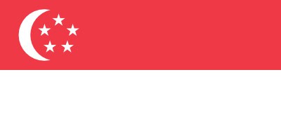 Flag of Singapore with a red upper half featuring a white crescent and five stars, and a white lower half.