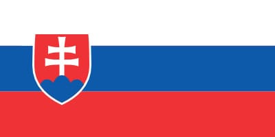 Flag of Slovakia with three horizontal stripes in white, blue, and red, featuring a shield with a double-cross and three hills on the left side.
