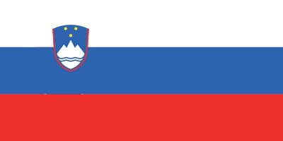 Flag of Slovenia with horizontal stripes of white, blue, and red, and a coat of arms featuring mountains and stars in the top left corner.