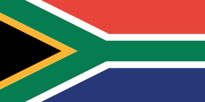 Flag of South Africa with horizontal bands of red, blue, and green, a black triangle on the left, and white and yellow borders.