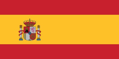 Flag of Spain with red and yellow horizontal stripes and a coat of arms on the left.