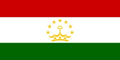 Flag of Tajikistan with horizontal stripes of red, white, and green, featuring a gold crown and seven stars in the center of the white stripe.