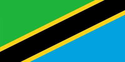 Flag of Tanzania with diagonal black stripe bordered by yellow, dividing green upper left and blue lower right sections.